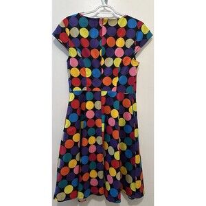 PUKAVT Dress M Fit & Flare Rainbow Polka Dot Cotton Stretch Retro Party
